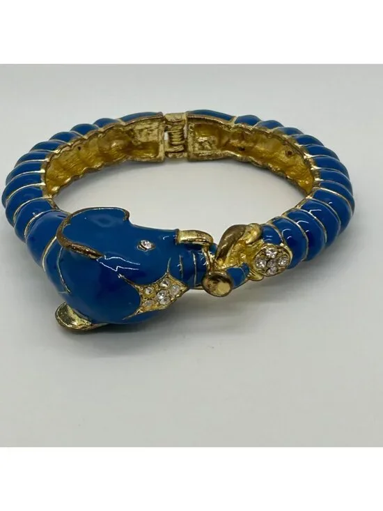 Vintage Enamel Gold-Tone Hinged Teal Blue Elephant Clamper Bangle Bracelet Rhine - Picture 5 of 11